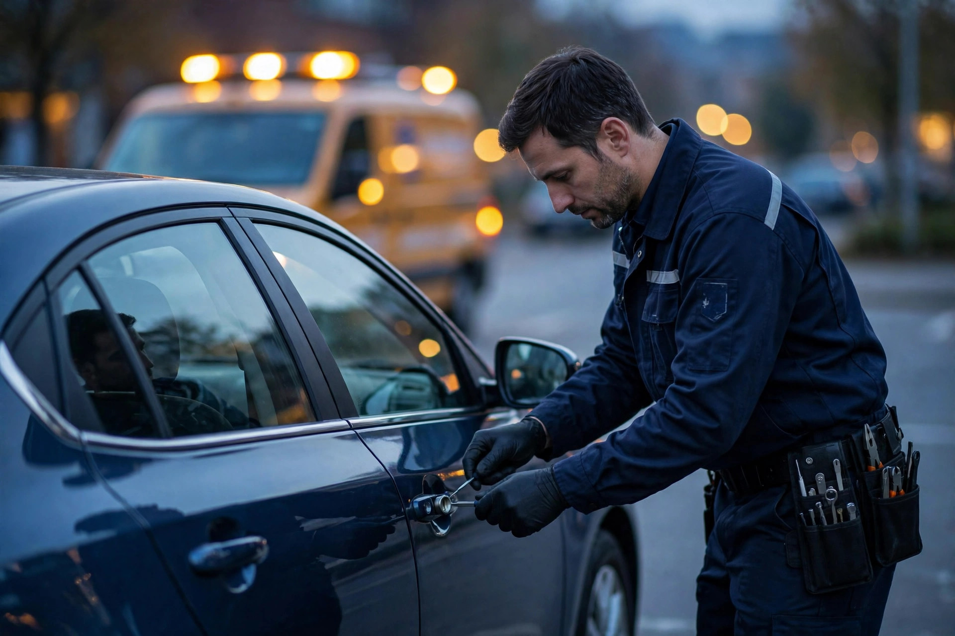 Licensed locksmith technician unlocking a car door at dusk
