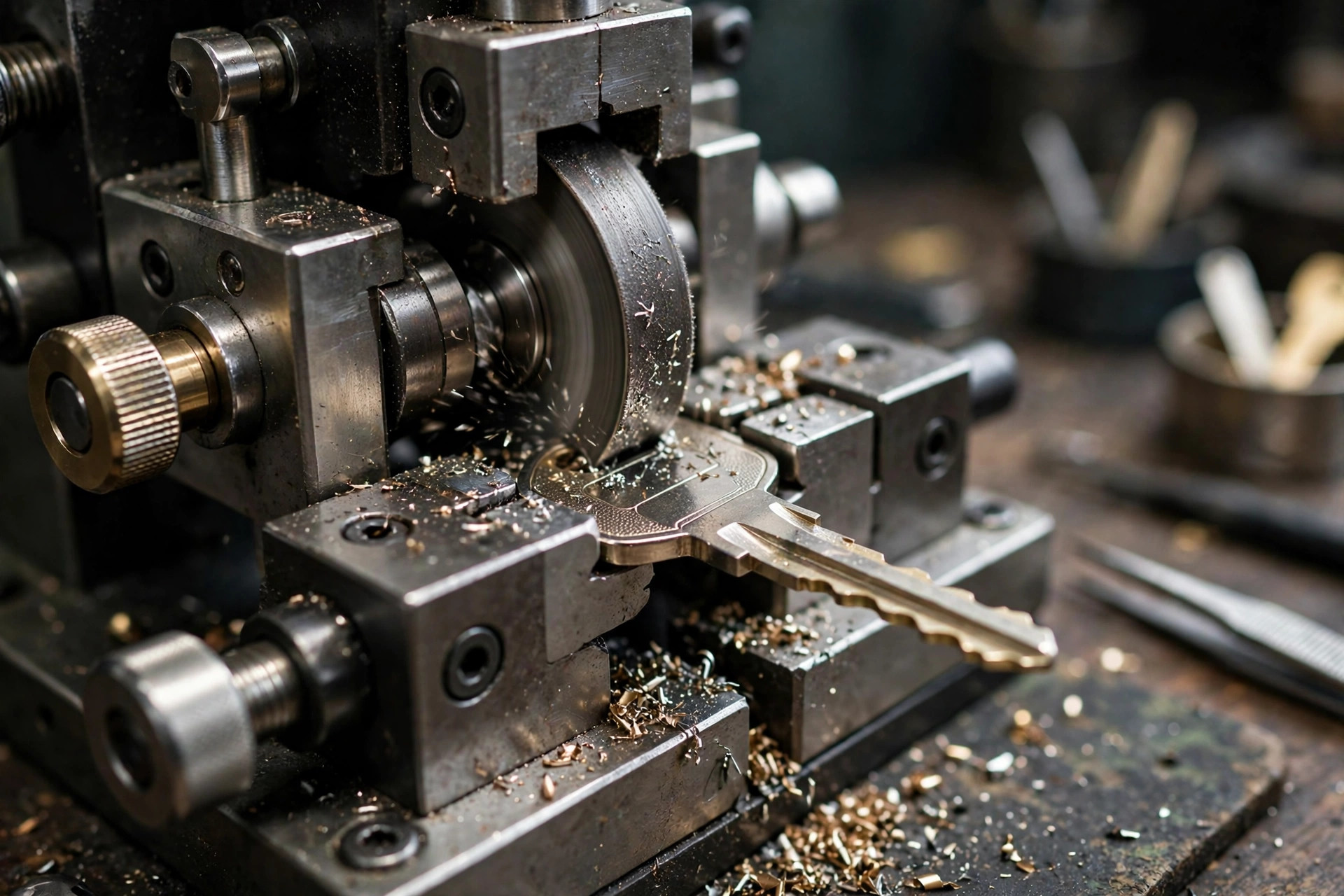 Car key being cut on a machine