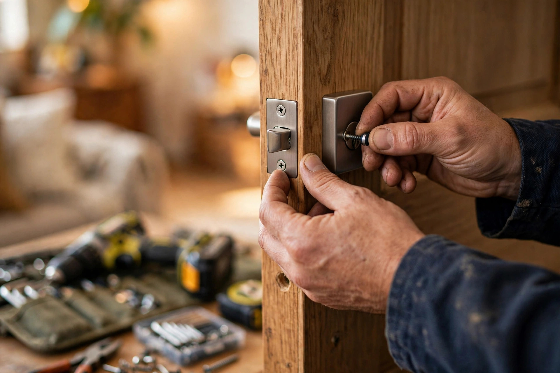 Technician installing a door lock